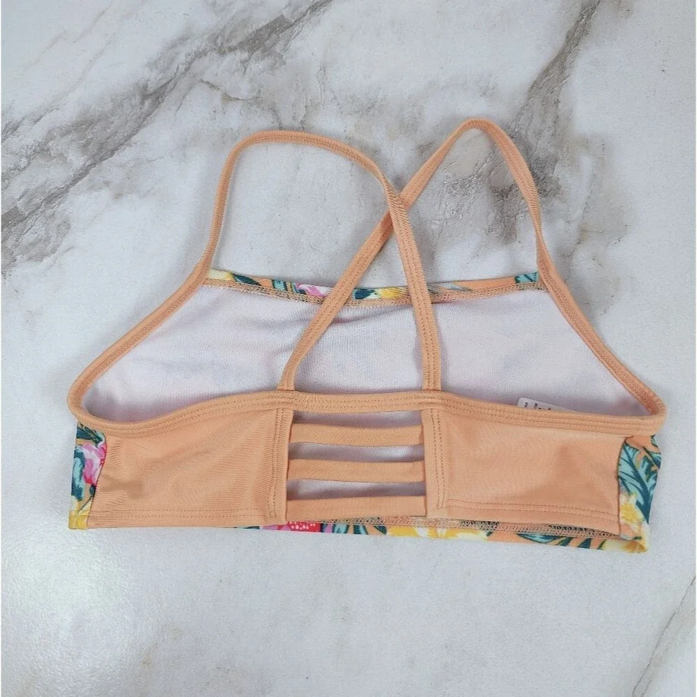 Art Class Girls' Orange Tropical Hawaiian Print Bikini Top, Sz M (7/8)